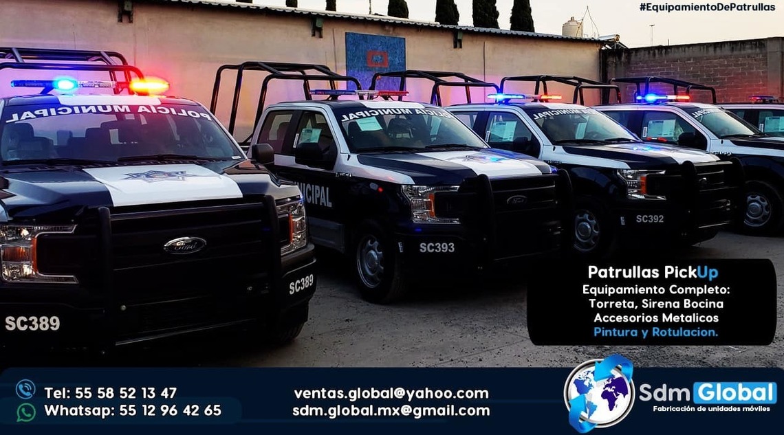Equipamiento de Patrullas nuevas equipadas con equipo accesorios luces fabricacion venta de patrullas ambulancias de traslado urgencias medicas gruas de plataforma camiones de basura pipas para agua unidades moviles especiales sdm global mexico 2021